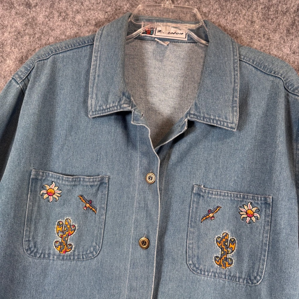 Vtg Southwestern Barn Denim Chore Jacket Womens XL Embroidered Cactus Aztec